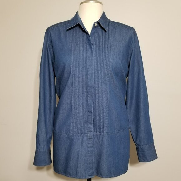 Liz Claiborne Lizwear Jeans Blue Denim Chambray Tuxedo Pleat Blouse Shirt Top XL - Picture 1 of 14